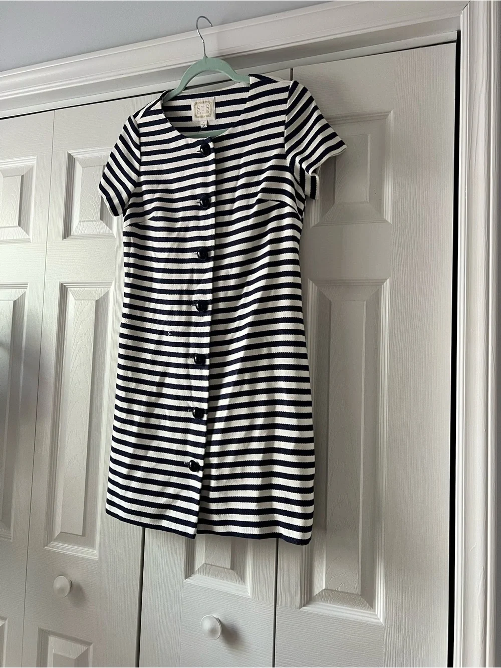 Sail to Sable Black and White Striped Short Sleeve Mini Dress